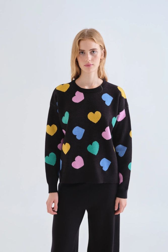 Maglione Compañia Fantástica donna jacquard con stampa a cuori - dettaglio stampa