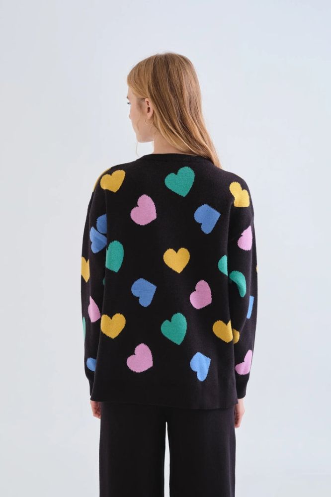 Maglione Compañia Fantástica donna jacquard con stampa a cuori - dettaglio bordi a coste