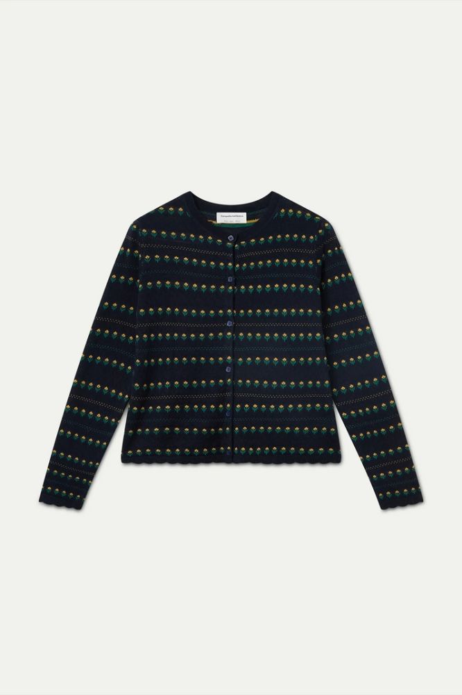 Cardigan Compañia Fantástica donna jacquard blu navy con fiori ricamati - vista frontale Immagine principale del prodotto