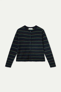 Cardigan Compañia Fantástica donna jacquard blu navy con fiori ricamati - vista frontale