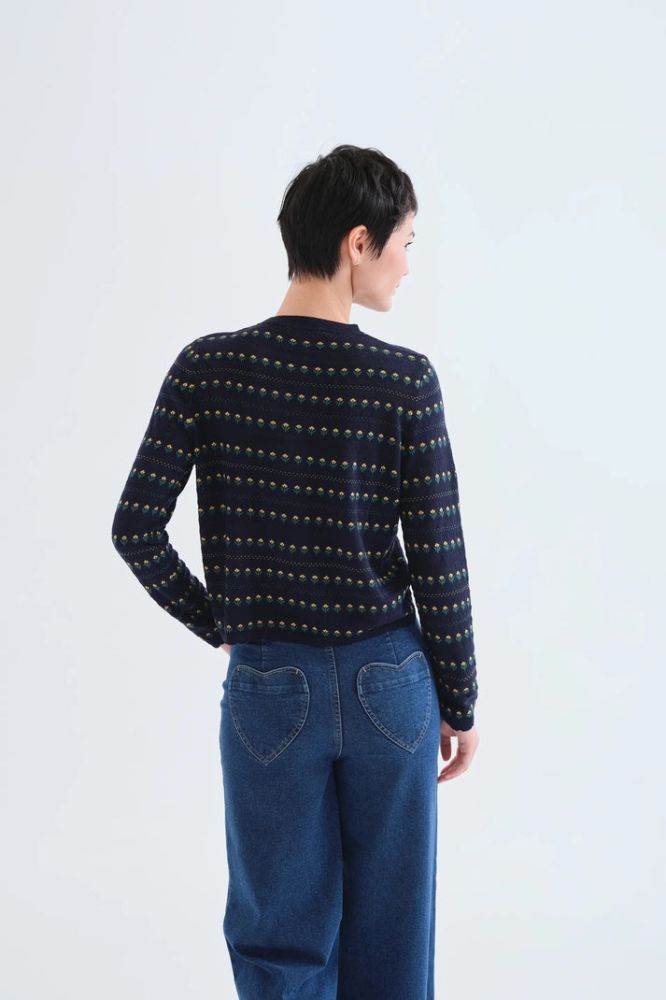 Cardigan Compañia Fantástica donna jacquard blu navy con fiori ricamati - dettaglio polsini smerlati