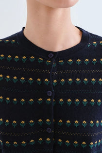 Cardigan Compañia Fantástica donna jacquard blu navy con fiori ricamati - vista laterale