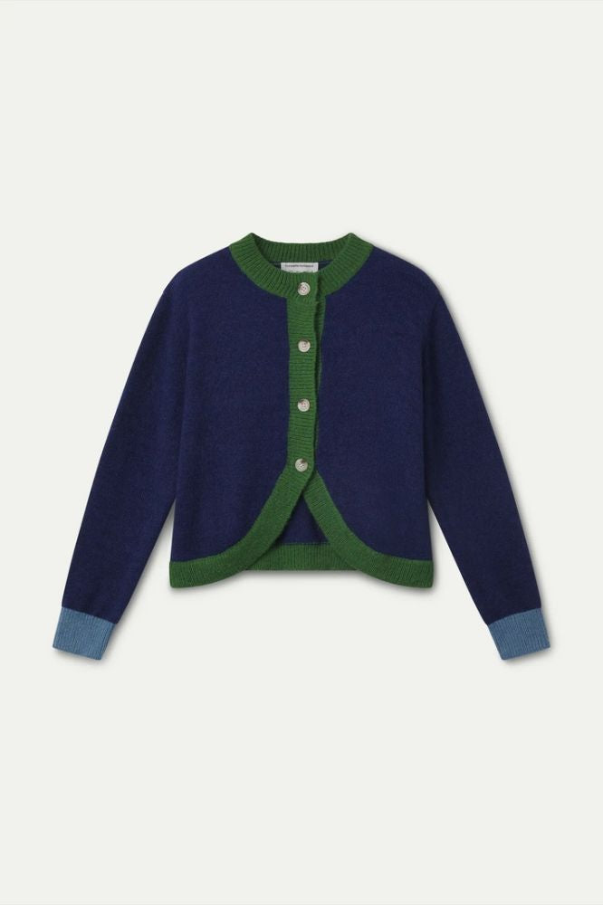 Cardigan Compañia Fantástica donna blu navy con dettagli verdi - vista frontale Immagine principale del prodotto