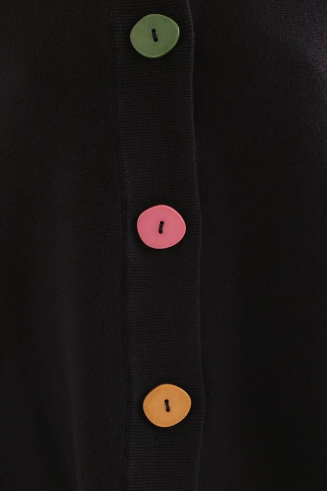 Cardigan Compañia Fantástica donna nero con bottoni multicolore - dettaglio bordi a coste