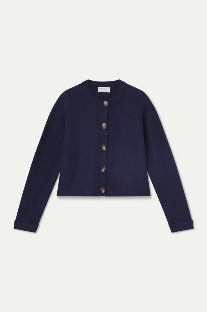 Cardigan Compañia Fantástica donna blu con bottoni multicolore - vista frontale Immagine principale del prodotto
