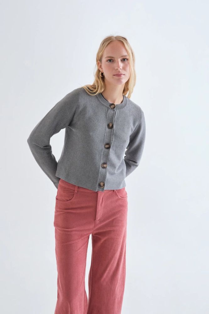 Cardigan Compañia Fantástica donna in maglia grigia con chiusura bicolore - dettaglio bottoni