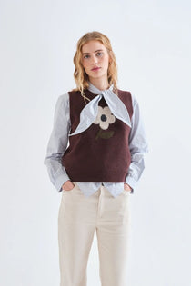 Gilet Compañia Fantástica donna jacquard marrone con stampa a fiori - dettaglio tessuto