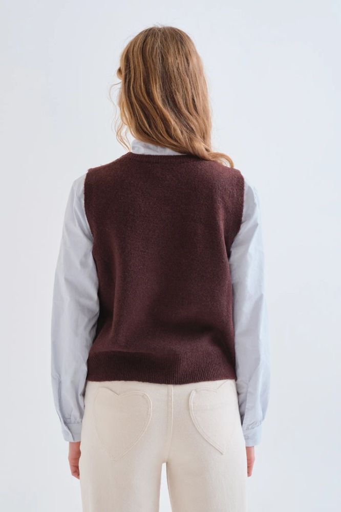 Gilet Compañia Fantástica donna jacquard marrone con stampa a fiori - vista laterale