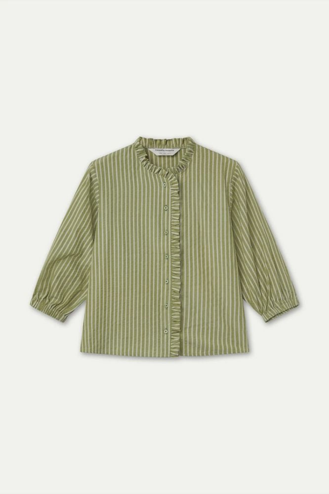 Camicia Compañia Fantástica donna cotone righe verdi con volant - vista frontale Immagine principale del prodotto