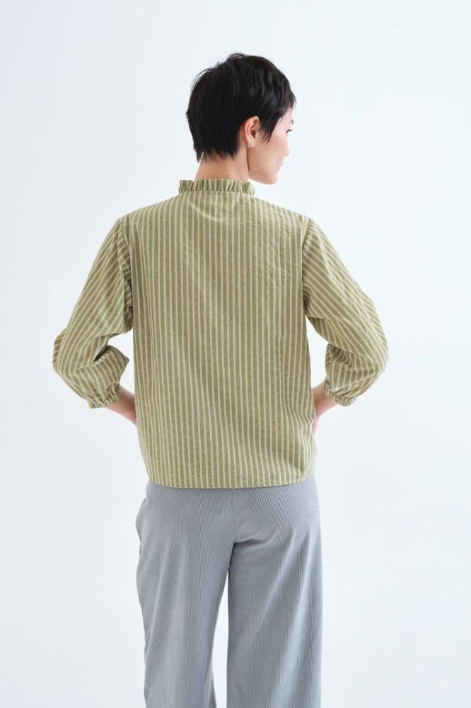 Camicia Compañia Fantástica donna righe verdi - dettaglio tessuto e bottoni