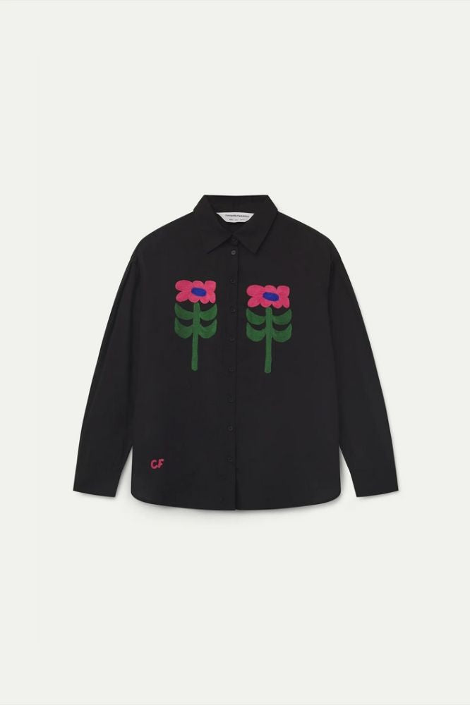 Camicia Compañia Fantástica donna nera cotone maniche a sbuffo - vista frontale
