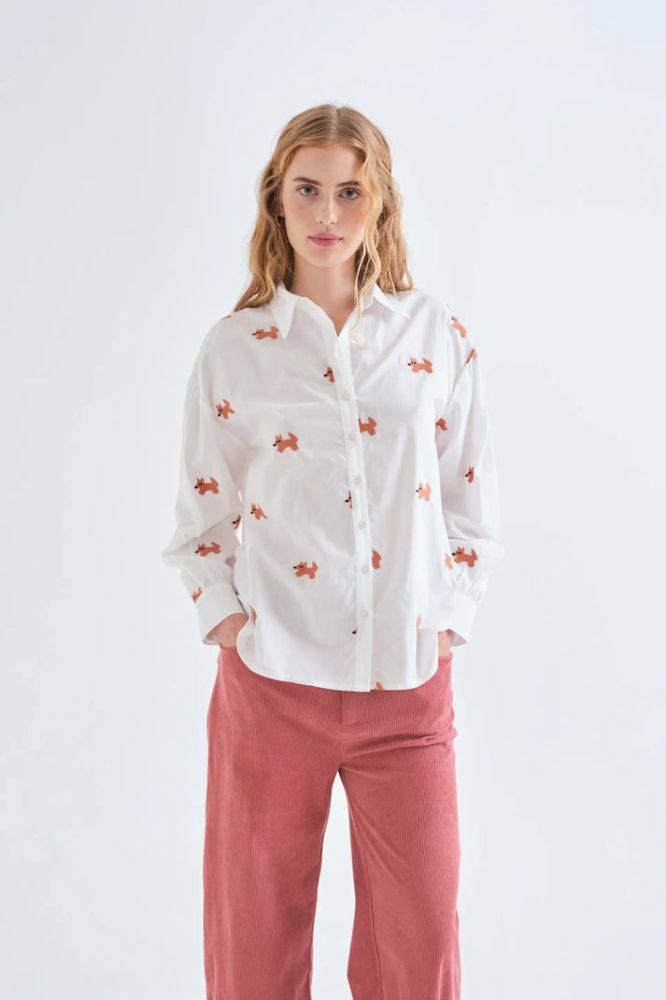 Camicia Compañia Fantástica donna bianca con ricamo di volpi - immagine 2