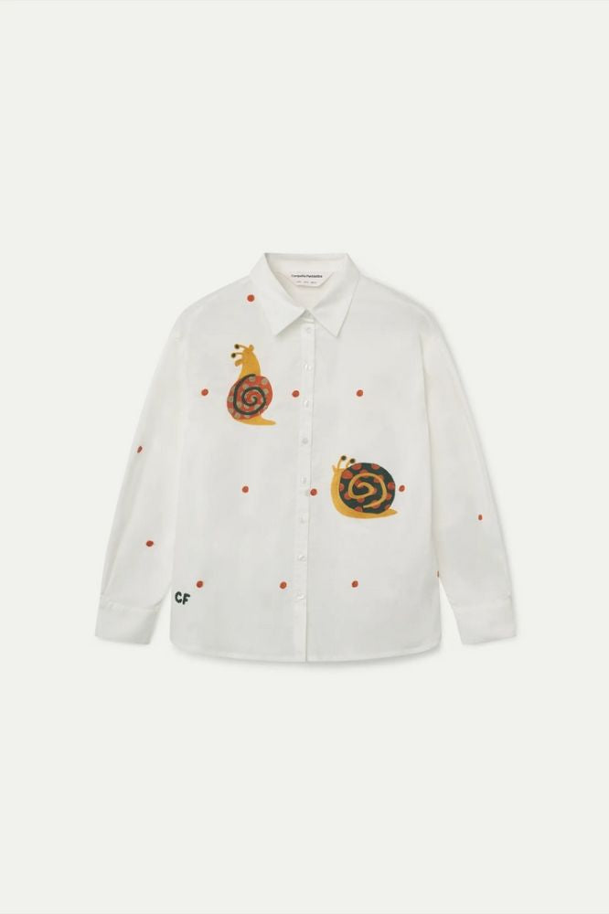 Camicia Compañia Fantástica donna bianca con ricamo di lumache - vista frontale