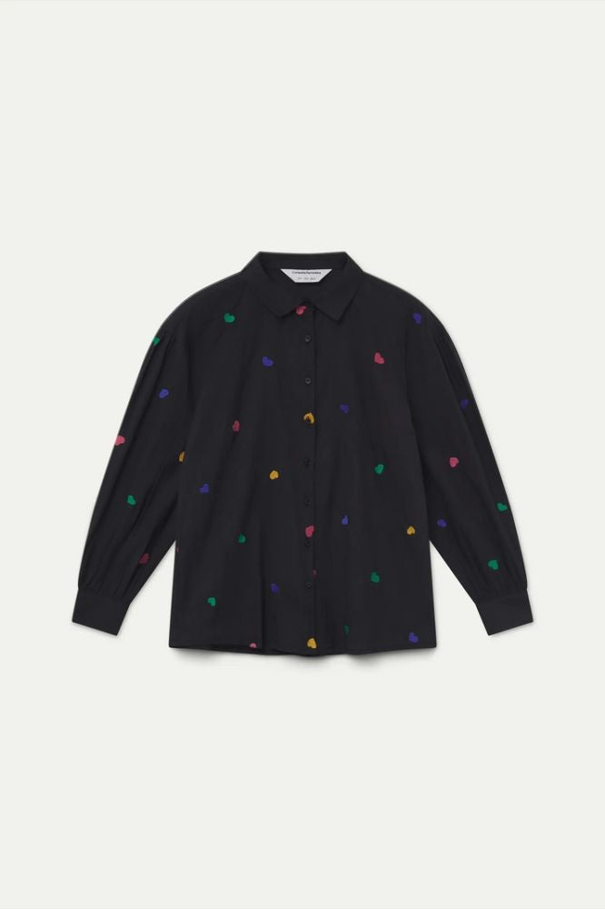 Camicia Compañia Fantástica donna nera in cotone con stampa candy - vista frontale