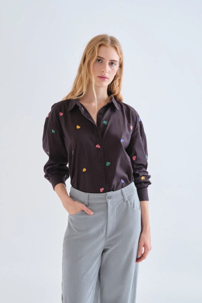 Camicia Compañia Fantástica donna nera in cotone con stampa candy - immagine 2