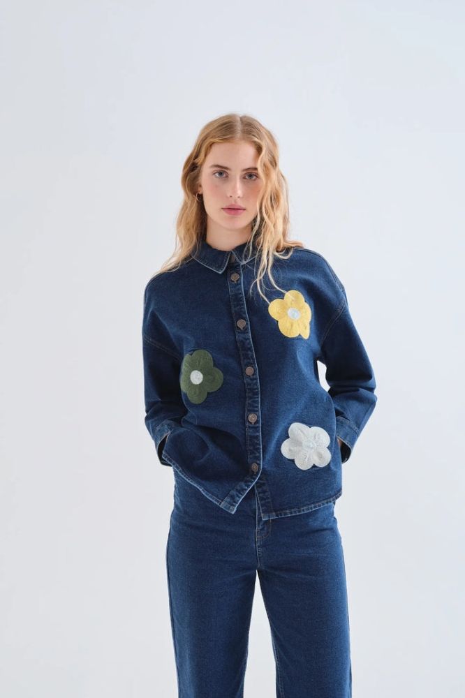 Camicia Compañia Fantástica donna blu in cotone con stampa euphonia - immagine 3