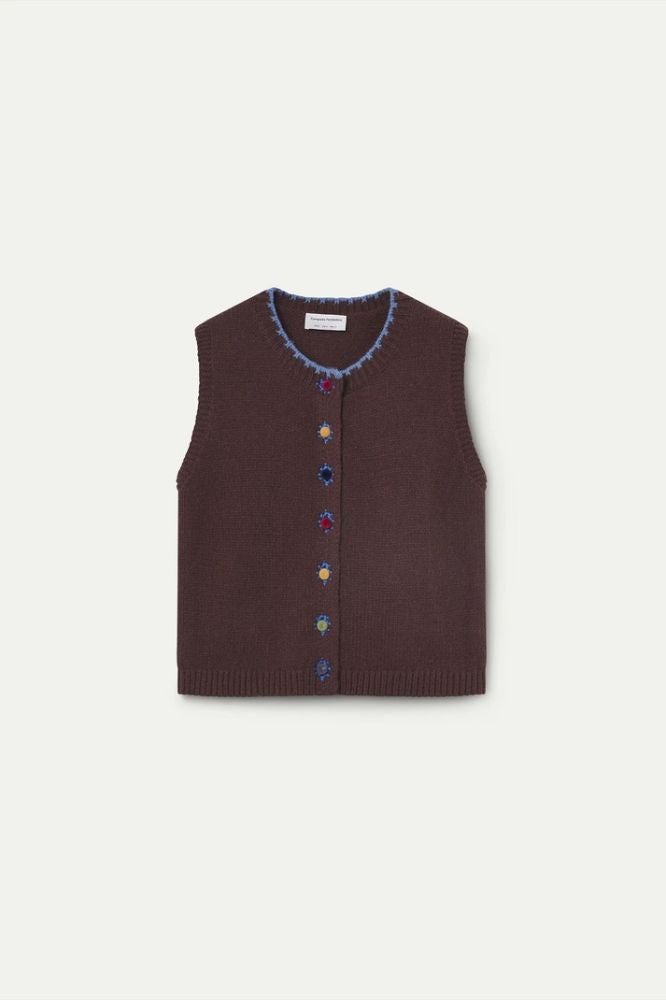 Gilet Compañia Fantástica donna marrone con ricamo azzurro - vista frontale Immagine principale del prodotto