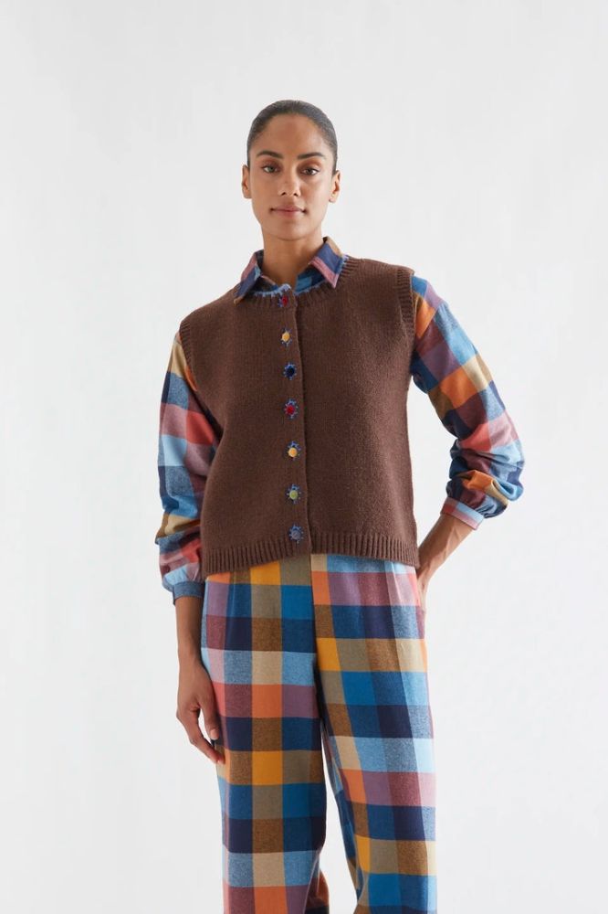 Gilet Compañia Fantástica donna marrone con ricamo azzurro - immagine 3