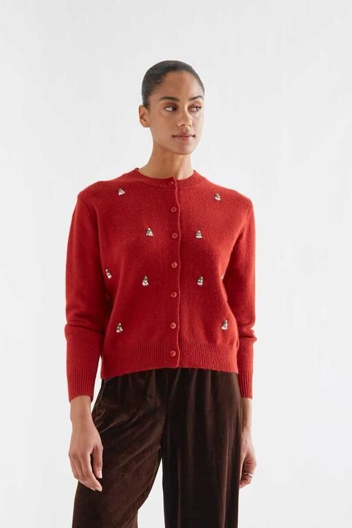 Cardigan Compañia Fantástica donna rosso con alberi di Natale ricamati - vista frontale