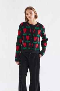 Cardigan Compañia Fantástica donna nero jacquard con ciclamini - vista frontale