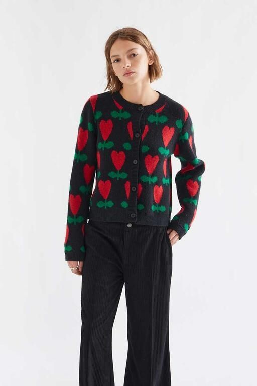 Cardigan Compañia Fantástica donna nero jacquard con ciclamini - vista frontale