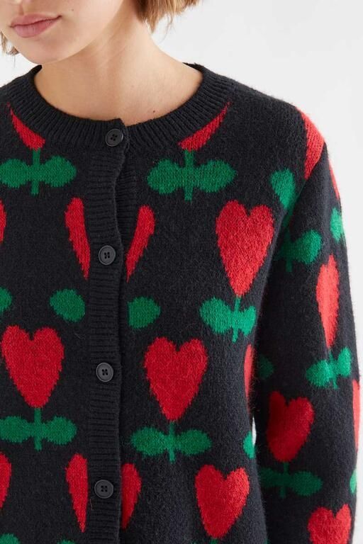 Cardigan Compañia Fantástica donna nero jacquard con ciclamini - immagine 3