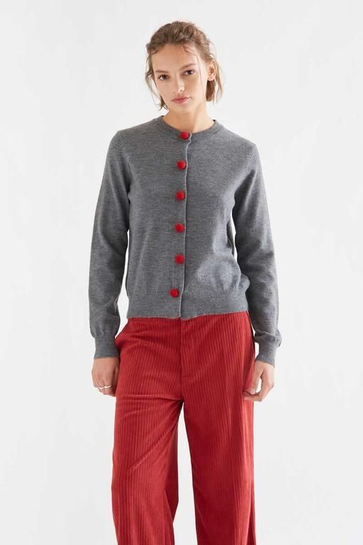 Cardigan Compañia Fantástica donna grigio con pompon rossi - vista frontale Immagine principale del prodotto