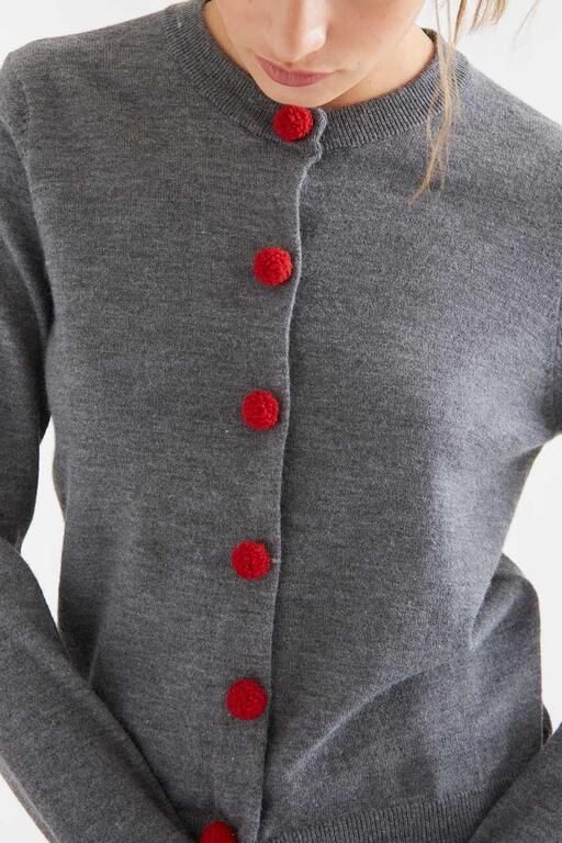 Cardigan Compañia Fantástica donna grigio con pompon rossi - immagine 2