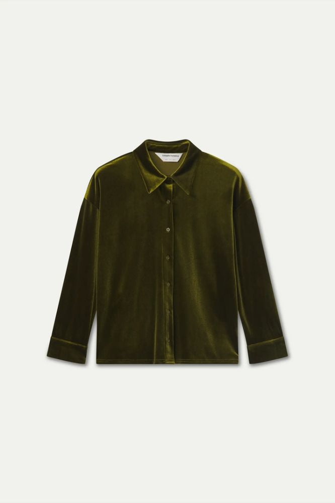 Camicia Compañia Fantástica donna in velluto verde oliva - vista frontale