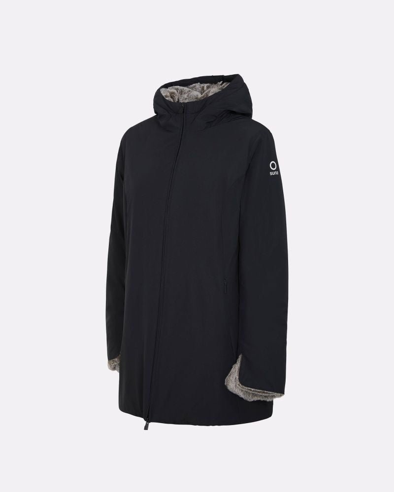 Parka SUNS donna blu - dettaglio cappuccio ecopelliccia